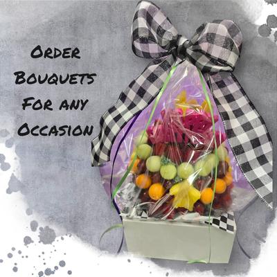 A flyer with a gift bouquet and a text reading Order Bouquets For Any Occasion.
