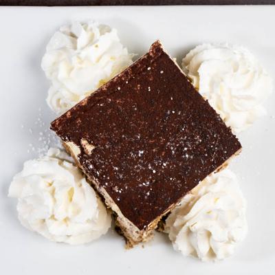 Tiramisu cake piece.