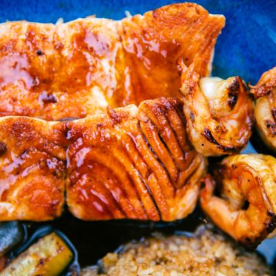 Hibachi salmon and shrimp with rice.