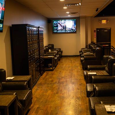 Interior, upholstered chairs.