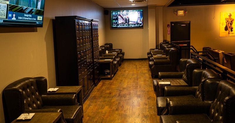 Separated seating area with leather armchairs