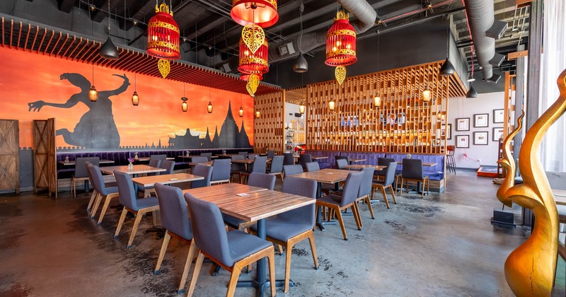 Interior, dining area and decorated hanging lanterns