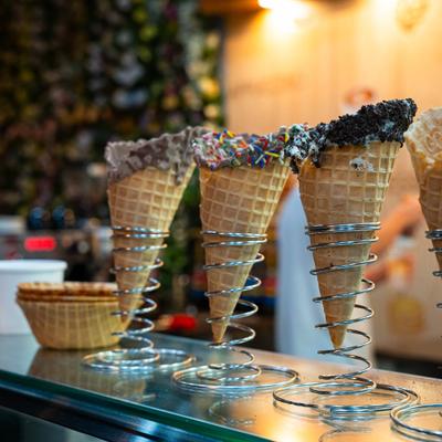 Different ice cream cones displayed.
