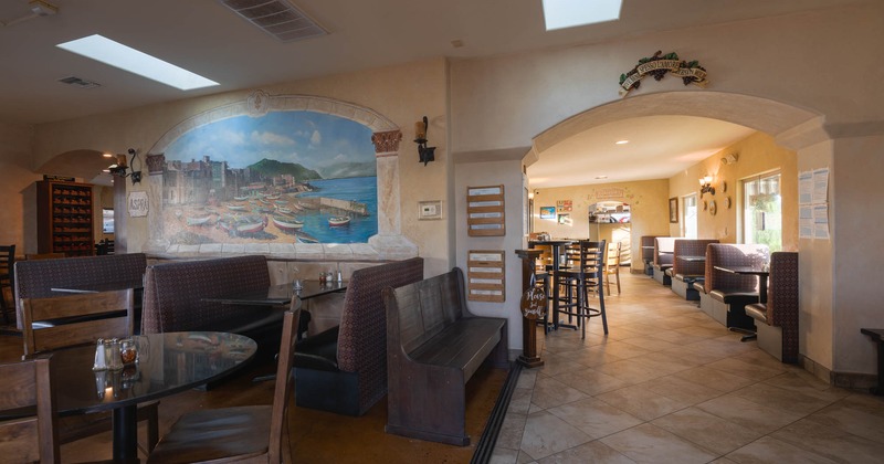 Interior, restaurant  booths, mural on the wall