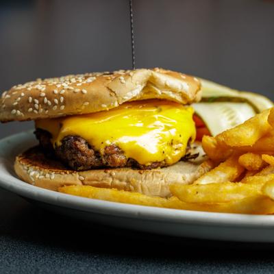 Burger served, closeup.