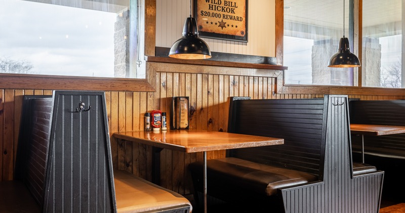 Interior, wooden and leather dining booths