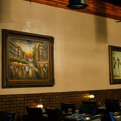 Dining tables and wall paintings.