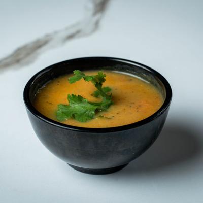 A soup bowl, angled view.