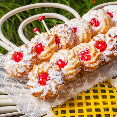 Italian cherry butter cookies dusted with powdered sugar.