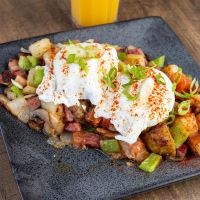 Corn beef hash with poached eggs.