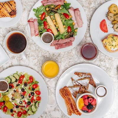 Various food and drinks, top view.