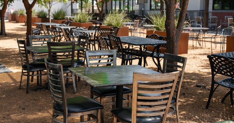 Outdoors, a seating area in the shade of the trees