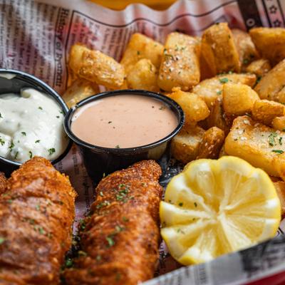 Beer-Battered Fish and Chips served with two sauces.