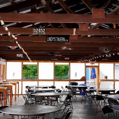 Interior, seating area, round tables.