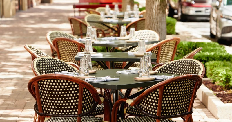 Exterior, tables and chairs lined up