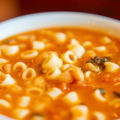 Pasta Fagiola soup bowl, close up.
