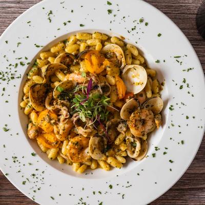 Seafood cavatelli pasta.