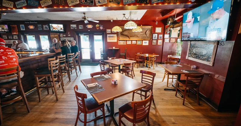Diner area, tables and chairs, wide look