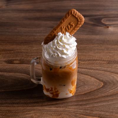 Biscoff Cookie Latte served in a mason jar.
