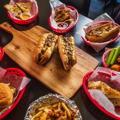 Various fast food dishes on a table.