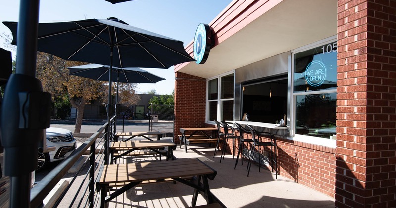 Exterior, tables, chairs and parasols