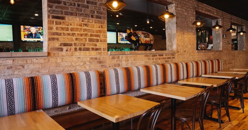 Interior, bench seating with tables
