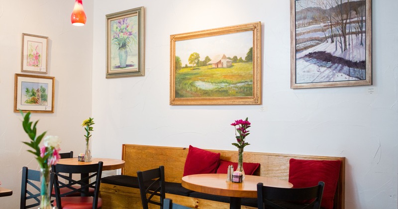 Interior, chairs, tables and bench seats