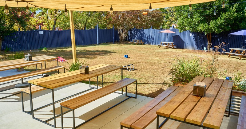 Exterior, wooden tables and benches