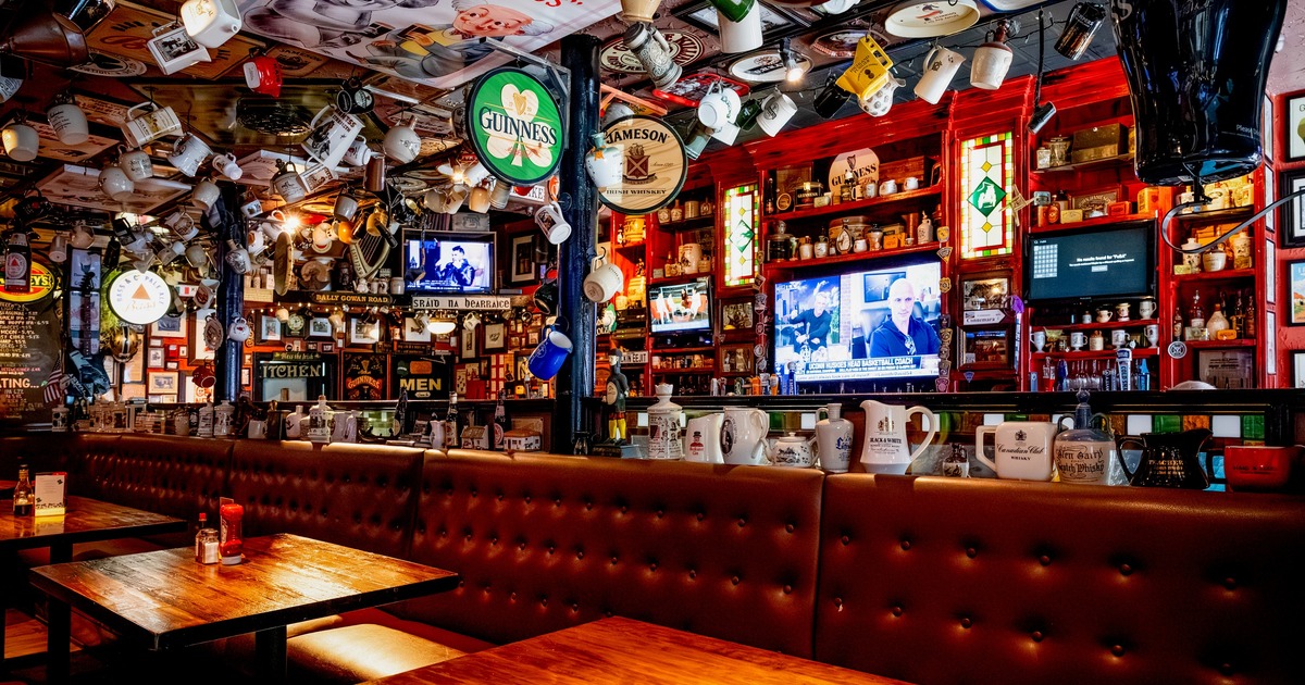 Interior, seating area with decor cups hanging from the ceiling