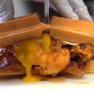 Chicken and waffle sandwich, close-up.