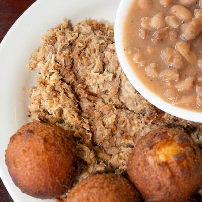 Pork BBQ plate, closeup.
