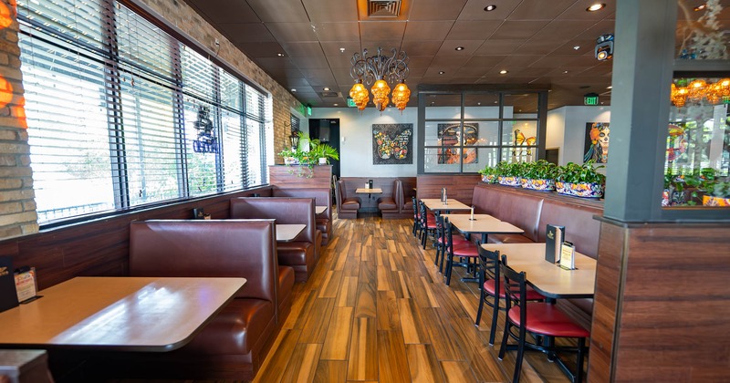 Interior, seating area with tables and chairs