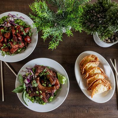 Assorted Asian dishes on a table with potted plants, top view.