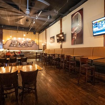 The interior, tables and chairs.