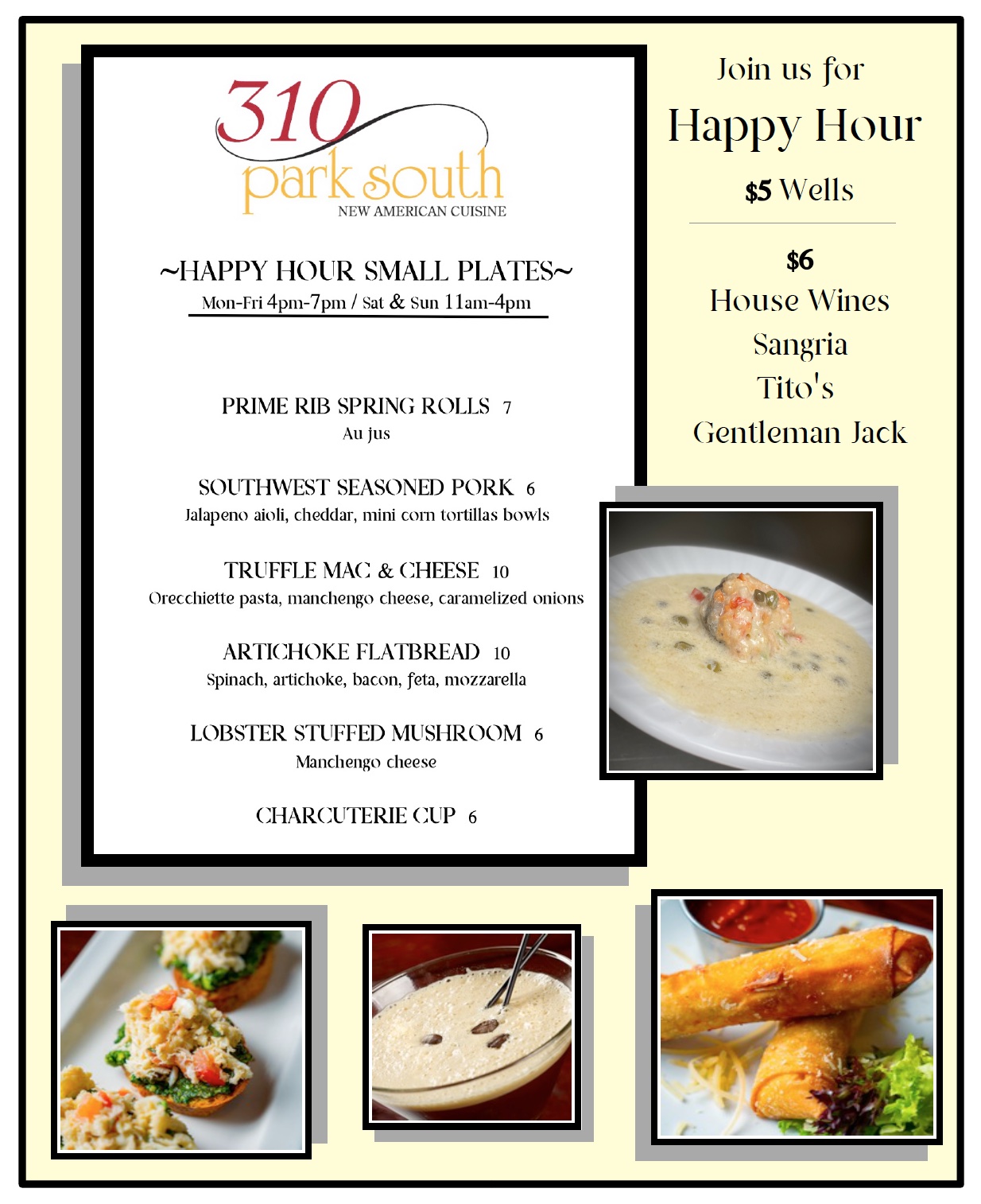 A collage flyer with a bright yellow background showing our Happy Hour small plates menu and a few food pictures