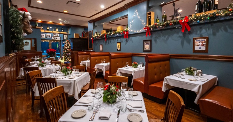 Seating area with tables and booths