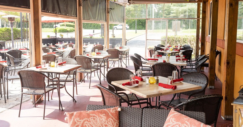 Covered patio with set tables