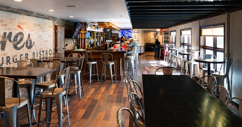 Bar area, tables, stools