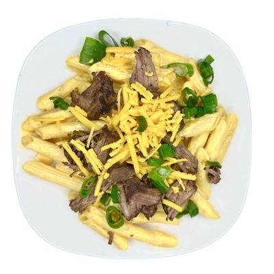 Penne pasta with beef, grated cheese, and scallions.