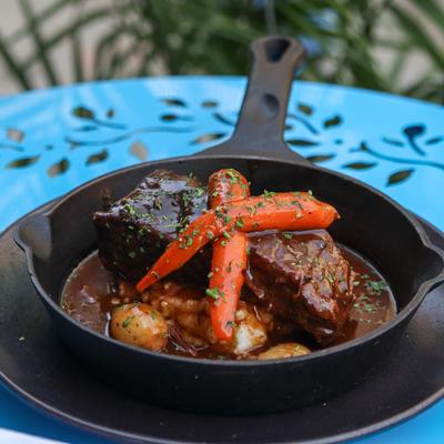 Braised short beef ribs, Burgundy, pearl onions, carrots, potatoes