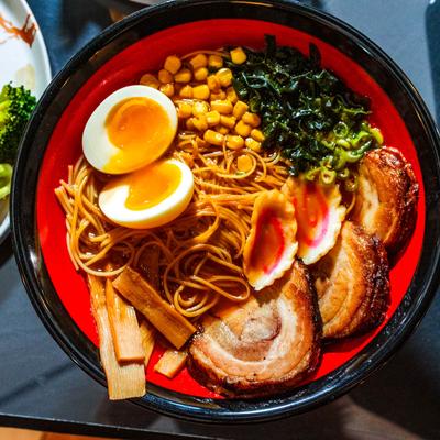 A vibrant bowl of ramen.