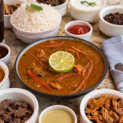 Andhra chicken curry, served.