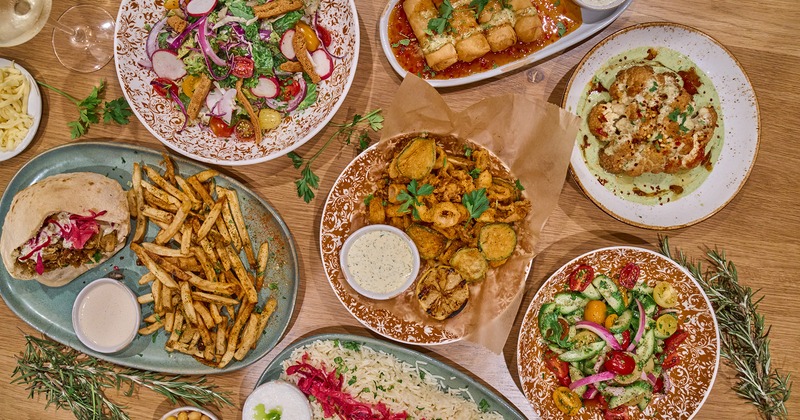 Assorted dishes, overhead view