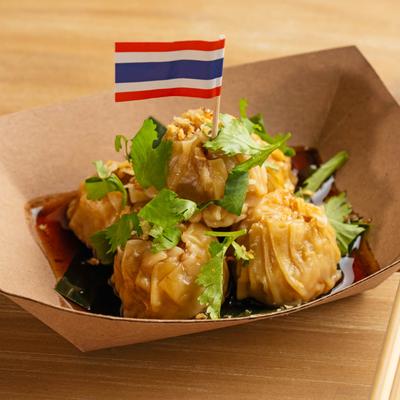 Pork and shrimp dumplings served over garlic soy sauce.