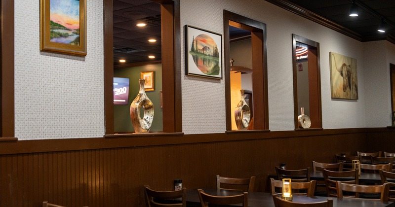 Interior, seating space with art and vases