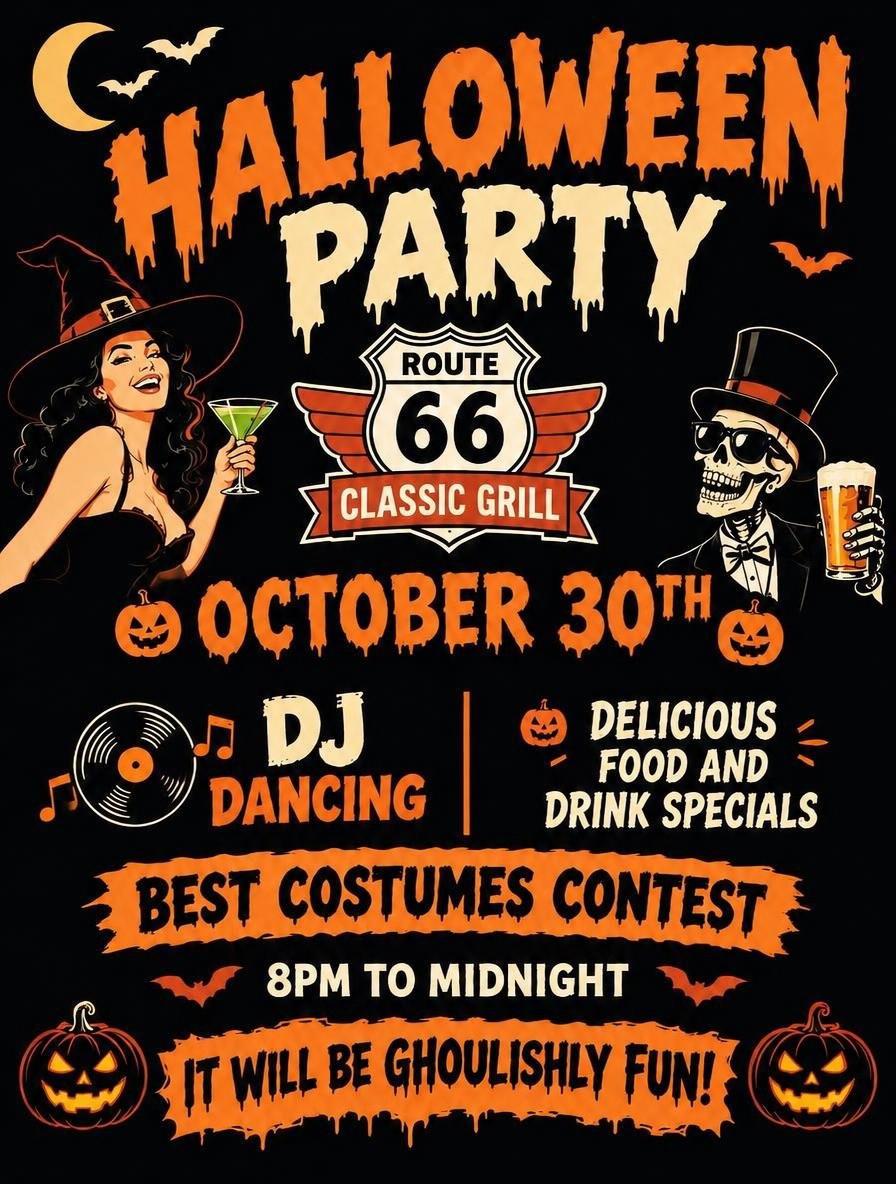 Halloween Party Friday October 30th at Route 66 Classic Grill