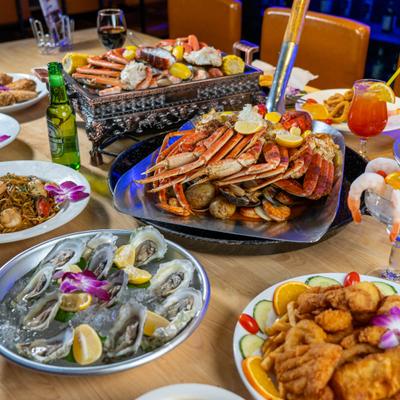 A lavish seafood feast on a table.