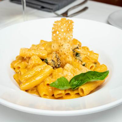 Rigatoni pasta, vodka sauce, parmesan cheese and fresh basil