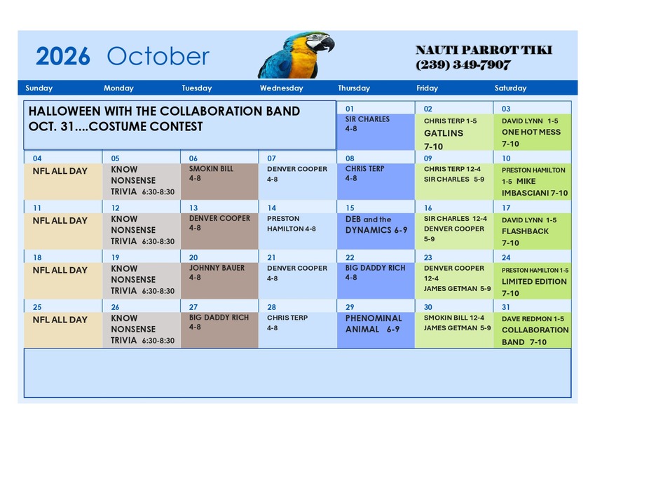 Tiki Hut Events Calendar 