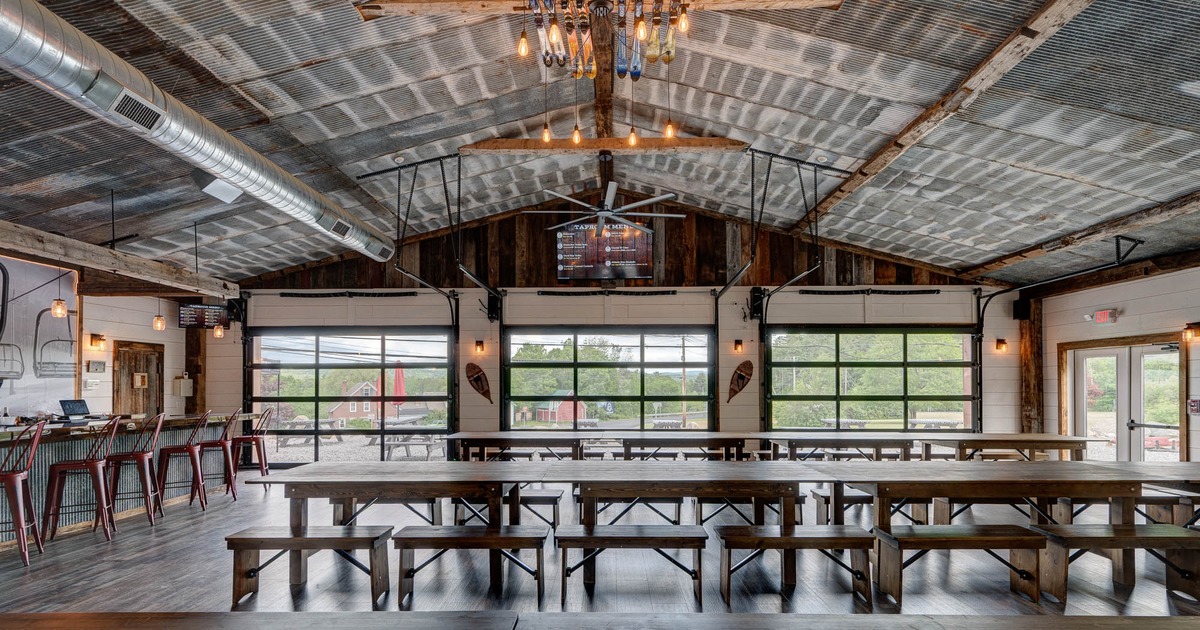 Interior, benches and tables in seating area
